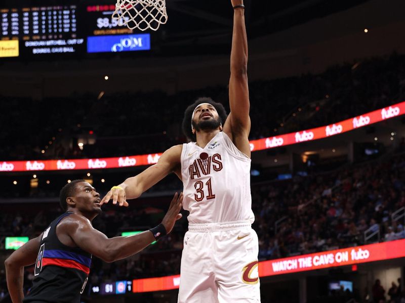 CLEVELAND, OH - JANUARY 27: Jarrett Allen #31 of the Cleveland Cavaliers drives to the basket during the game against the Detroit Pistons on January 27, 2025 at Rocket Mortgage FieldHouse in Cleveland, Ohio. NOTE TO USER: User expressly acknowledges and agrees that, by downloading and/or using this Photograph, user is consenting to the terms and conditions of the Getty Images License Agreement. Mandatory Copyright Notice: Copyright 2025 NBAE (Photo by  Lauren Leigh Bacho/NBAE via Getty Images)