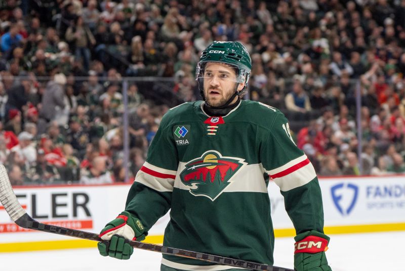 Feb 25, 2025; Saint Paul, Minnesota, USA; Minnesota Wild center Vinnie Hinostroza (18) during a break in the third period against the Detroit Red Wings at Xcel Energy Center. Mandatory Credit: Matt Blewett-Imagn Images