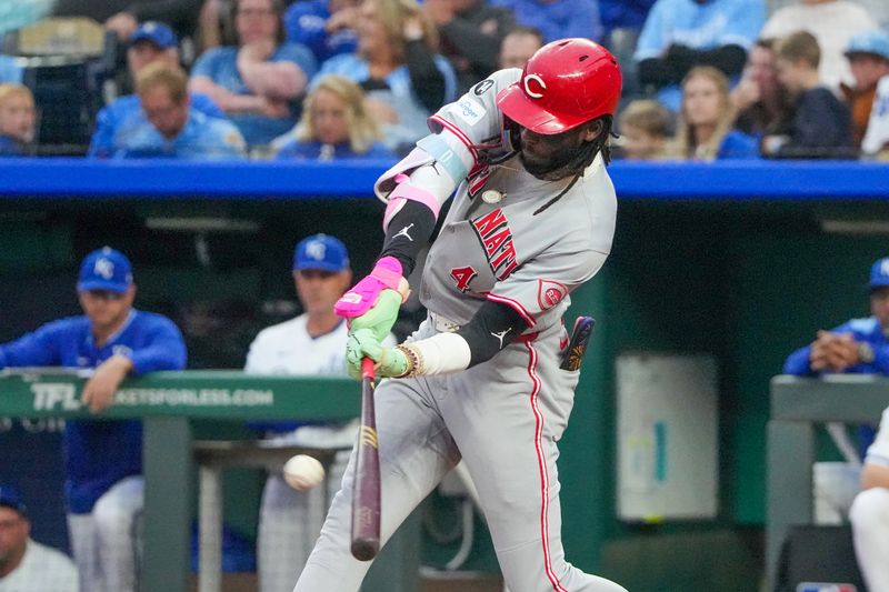 May 27, 2025; Kansas City, Missouri, USA; Cincinnati Reds shortstop Elly De La Cruz (44) connects for a solo home run against the Kansas City Royals in the fourth inning at Kauffman Stadium. Mandatory Credit: Denny Medley-Imagn Images
