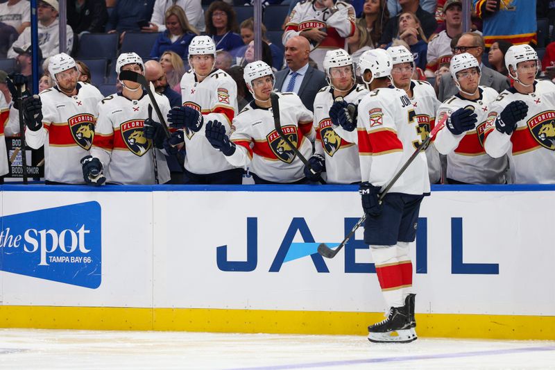 Oct 2, 2025; Tampa, Florida, USA; Florida Panthers defenseman Seth Jones (3) celebrates after scoring a goal against the Tampa Bay Lightning in the second period at Benchmark International Arena. Mandatory Credit: Nathan Ray Seebeck-Imagn Images