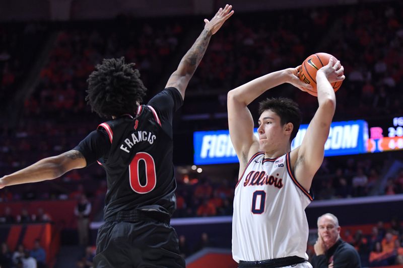 Jan 8, 2026; Champaign, Illinois, USA;  Illinois Fighting Illini forward David Mirkovic (0) looks to pass, guarded by Rutgers Scarlet Knights guard Tariq Francis (0) during the first half at State Farm Center. Mandatory Credit: Ron Johnson-Imagn Images