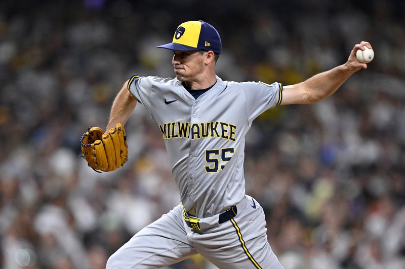 Jun 20, 2024; San Diego, California, USA; Milwaukee Brewers relief pitcher Hoby Milner (55) pitches against the San Diego Padres during the seventh inning at Petco Park. Mandatory Credit: Orlando Ramirez-USA TODAY Sports