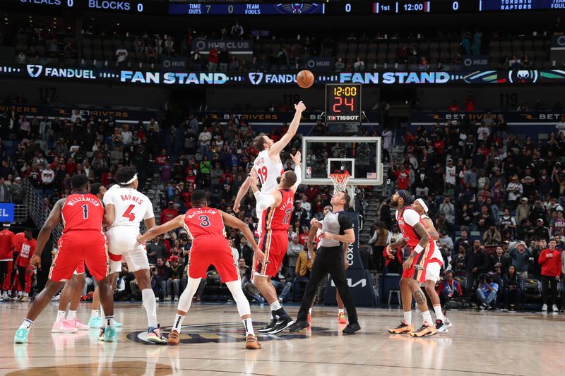 NEW ORLEANS, LA - FEBRUARY 5: Jakob Poeltl #19 of the Toronto Raptors goes up for the opening tip off on February 5, 2024 at the Smoothie King Center in New Orleans, Louisiana. NOTE TO USER: User expressly acknowledges and agrees that, by downloading and or using this Photograph, user is consenting to the terms and conditions of the Getty Images License Agreement. Mandatory Copyright Notice: Copyright 2024 NBAE (Photo by Layne Murdoch Jr./NBAE via Getty Images)