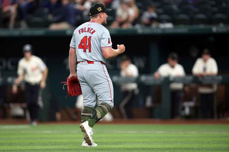 May 17, 2024; Arlington, Texas, USA; Los Angeles Angels pitcher Carson Fulmer (41) reacts after the final out in the game against the Texas Rangers at Globe Life Field. Mandatory Credit: Tim Heitman-USA TODAY Sports