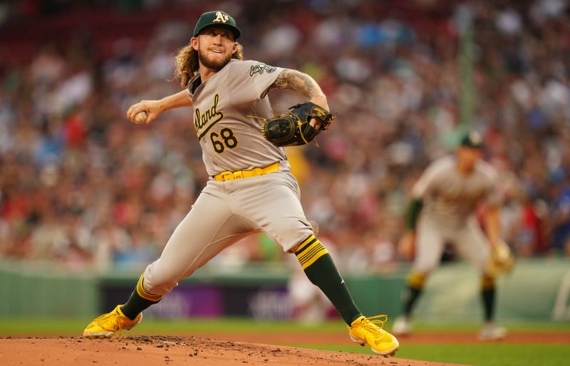 Jul 9, 2024; Boston, Massachusetts, USA; Oakland Athletics starting pitcher Joey Estes (68) throws a pitch against the Boston Red Sox in the first inning at Fenway Park. Mandatory Credit: David Butler II-USA TODAY Sports