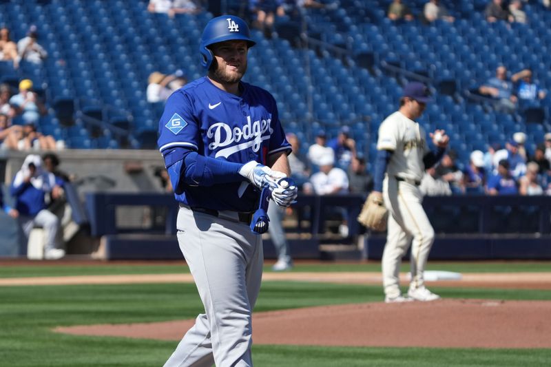 Feb 26, 2025; Phoenix, Arizona, USA; Los Angeles Dodgers third base Max Muncy (13) walks against the Milwaukee Brewers during the first inning at American Family Fields of Phoenix. Mandatory Credit: Rick Scuteri-Imagn Images