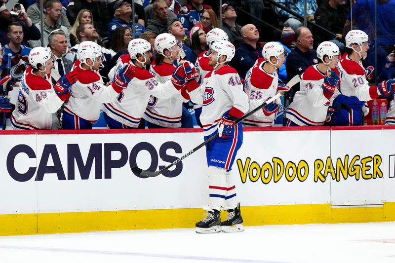 Mar 26, 2024; Denver, Colorado, USA; Montreal Canadiens right wing Joel Armia (40) celebrates his goal against the Colorado Avalanche in the first period at Ball Arena. Mandatory Credit: Ron Chenoy-USA TODAY Sports