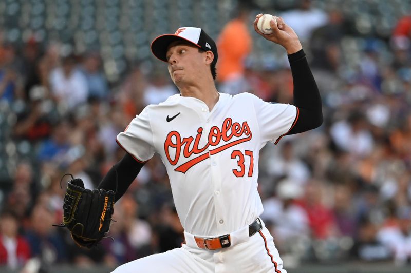 Jun 24, 2024; Baltimore, Maryland, USA;  Baltimore Orioles pitcher Cade Povich (37) throws a first inning pitch against the Cleveland Guardians at Oriole Park at Camden Yards. Mandatory Credit: Tommy Gilligan-USA TODAY Sports