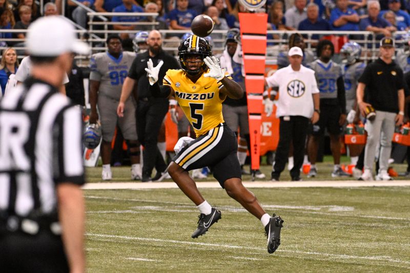 Sep 23, 2023; St. Louis, Missouri, USA; Missouri Tigers wide receiver Mookie Cooper (5) makes a catch against the Memphis Tigers in the fourth quarter at The Dome at America's Center. Mandatory Credit: Joe Puetz-USA TODAY Sports