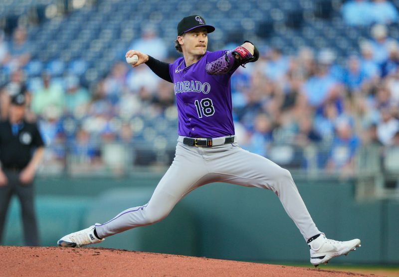 Apr 22, 2025; Kansas City, Missouri, USA; Colorado Rockies starting pitcher Ryan Feltner (18) pitches during the first inning against the Kansas City Royals at Kauffman Stadium. Mandatory Credit: Jay Biggerstaff-Imagn Images