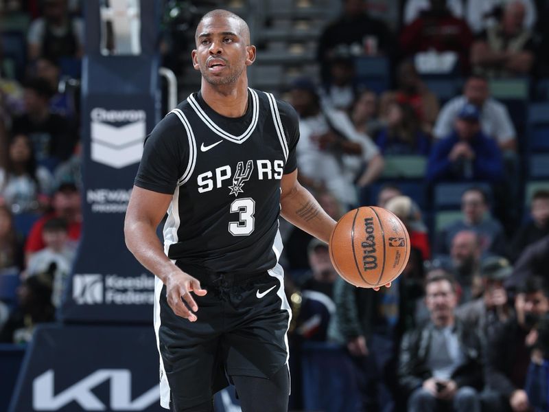 NEW ORLEANS, LA - FEBRUARY 25: Chris Paul #3 of the San Antonio Spurs handles the ball during the game against the New Orleans Pelicans on February 25, 2025 at the Smoothie King Center in New Orleans, Louisiana. NOTE TO USER: User expressly acknowledges and agrees that, by downloading and or using this Photograph, user is consenting to the terms and conditions of the Getty Images License Agreement. Mandatory Copyright Notice: Copyright 2025 NBAE (Photo by Jeff Haynes/NBAE via Getty Images)