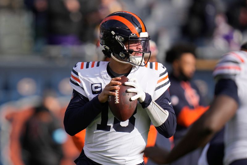 Chicago Bears quarterback Caleb Williams warms up before an NFL football game against the Minnesota Vikings, Sunday, Nov. 24, 2024, in Chicago. (AP Photo/Erin Hooley)