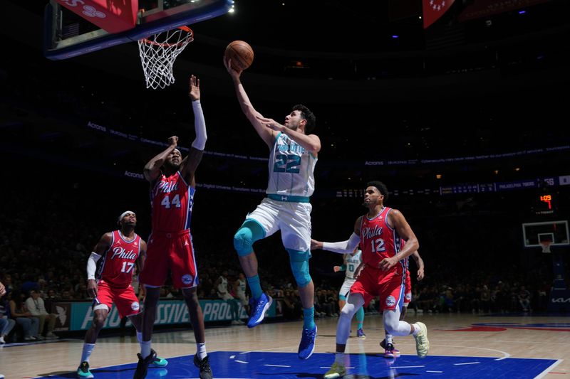 PHILADELPHIA, PA - MARCH 1: Vasilije Micic #22 of the Charlotte Hornets  drives to the basket during the game against the Philadelphia 76ers  on March 1, 2024 at the Wells Fargo Center in Philadelphia, Pennsylvania NOTE TO USER: User expressly acknowledges and agrees that, by downloading and/or using this Photograph, user is consenting to the terms and conditions of the Getty Images License Agreement. Mandatory Copyright Notice: Copyright 2024 NBAE (Photo by Jesse D. Garrabrant/NBAE via Getty Images)