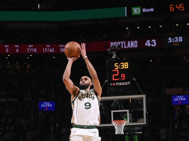 BOSTON, MA - APRIL 7: Derrick White #9 of the Boston Celtics shoots a 3-point basket during the game  on April 7, 2024 at the TD Garden in Boston, Massachusetts. NOTE TO USER: User expressly acknowledges and agrees that, by downloading and or using this photograph, User is consenting to the terms and conditions of the Getty Images License Agreement. Mandatory Copyright Notice: Copyright 2024 NBAE  (Photo by Brian Babineau/NBAE via Getty Images)