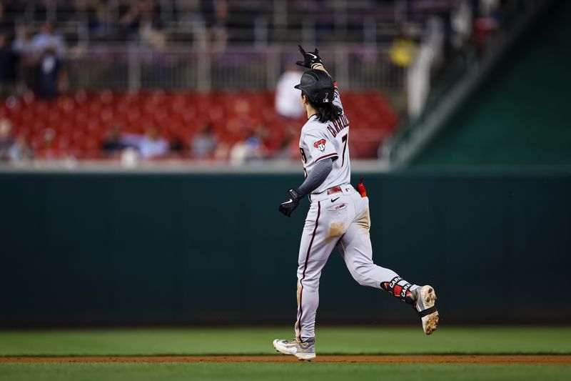 Jun 7, 2023; Washington, District of Columbia, USA; Arizona Diamondbacks left fielder Corbin Carroll (7) celebrates after hitting a two run home run against the Washington Nationals during the ninth inning at Nationals Park. Mandatory Credit: Scott Taetsch-USA TODAY Sports