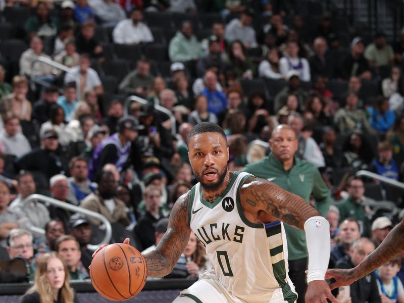 MILWAUKEE, WI - OCTOBER 10: Damian Lillard #0 of the Milwaukee Bucks drives to the basket during the game against the Los Angeles Lakers during a preseason game on October 10, 2024 at Fiserv Forum Center in Milwaukee, Wisconsin. NOTE TO USER: User expressly acknowledges and agrees that, by downloading and or using this Photograph, user is consenting to the terms and conditions of the Getty Images License Agreement. Mandatory Copyright Notice: Copyright 2024 NBAE (Photo by Gary Dineen/NBAE via Getty Images).