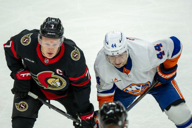 Dec 8, 2024; Ottawa, Ontario, CAN; Ottawa Senators left wing Brady Tkachuk (7) and New York Islanders center JeanGabriel Pageau (44) line up for a faceoff in the third period at the Canadian Tire Centre. Mandatory Credit: Marc DesRosiers-Imagn Images