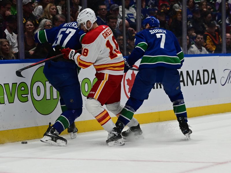 Mar 23, 2024; Vancouver, British Columbia, CAN; Vancouver Canucks defenseman Tyler Myers (57) and defenseman Carson Soucy  (7) checks Calgary Flames forward A.J. Greer (18) during the second period at Rogers Arena. Mandatory Credit: Simon Fearn-USA TODAY Sports