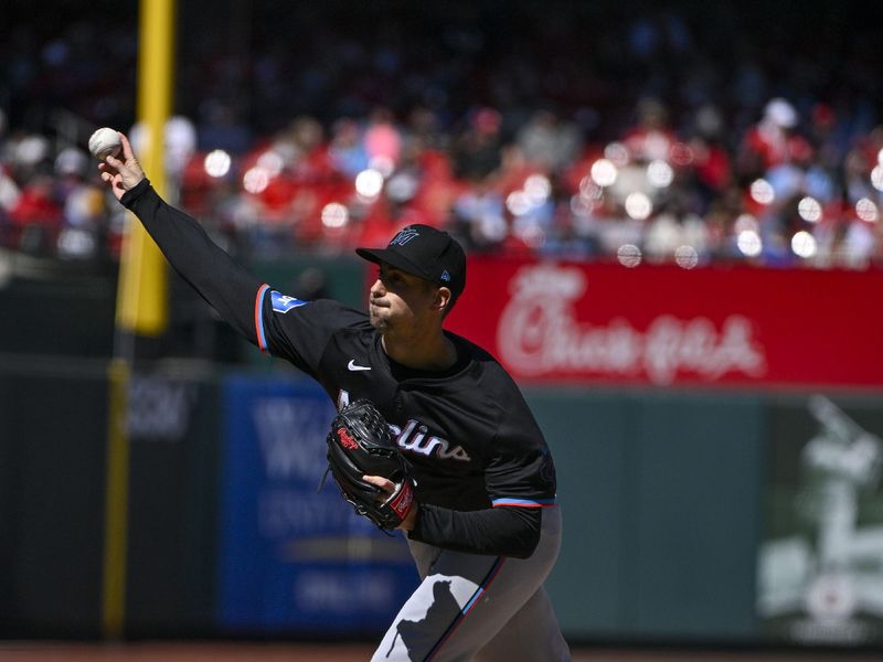 Apr 6, 2024; St. Louis, Missouri, USA;  Miami Marlins relief pitcher Bryan Hoeing (78) pitches against the St. Louis Cardinals during the sixth inning at Busch Stadium. Mandatory Credit: Jeff Curry-USA TODAY Sports