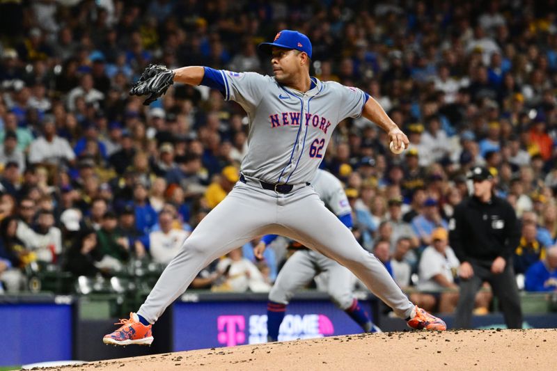 Oct 3, 2024; Milwaukee, Wisconsin, USA; New York Mets pitcher Jose Quintana (62) pitches against the Milwaukee Brewers in the first inning during game three of the Wildcard round for the 2024 MLB Playoffs at American Family Field. Mandatory Credit: Benny Sieu-Imagn Images