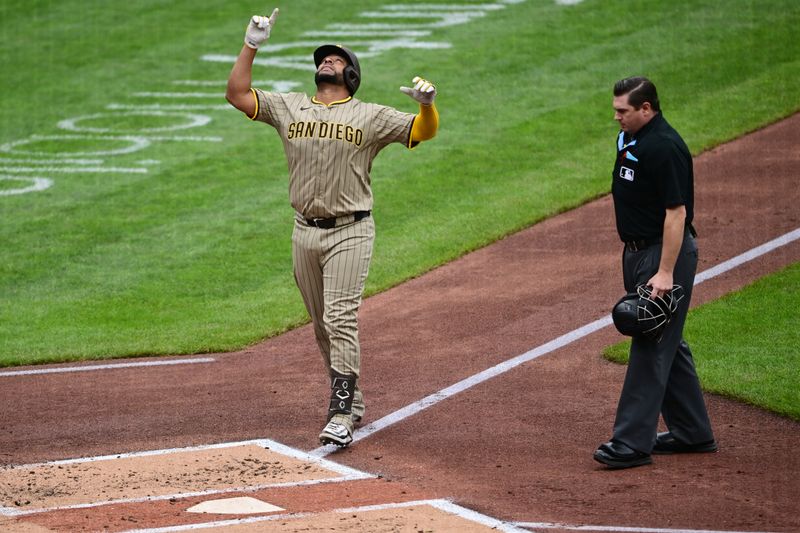 May 4, 2025; Pittsburgh, Pennsylvania, USA; San Diego Padres catcher Elias Diaz (17) celebrates after hitting a solo home run off Pittsburgh Pirates starting pitcher Andrew Heaney (45) during the second inning at PNC Park. Mandatory Credit: David Dermer-Imagn Images