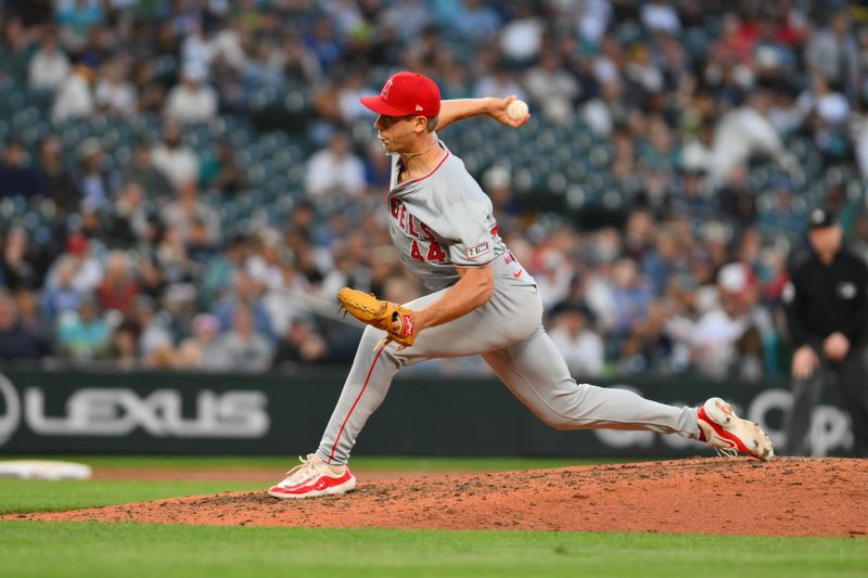 Jul 23, 2024; Seattle, Washington, USA; Los Angeles Angels relief pitcher Ben Joyce (44) pitches to the Seattle Mariners during the eighth inning at T-Mobile Park. Mandatory Credit: Steven Bisig-USA TODAY Sports