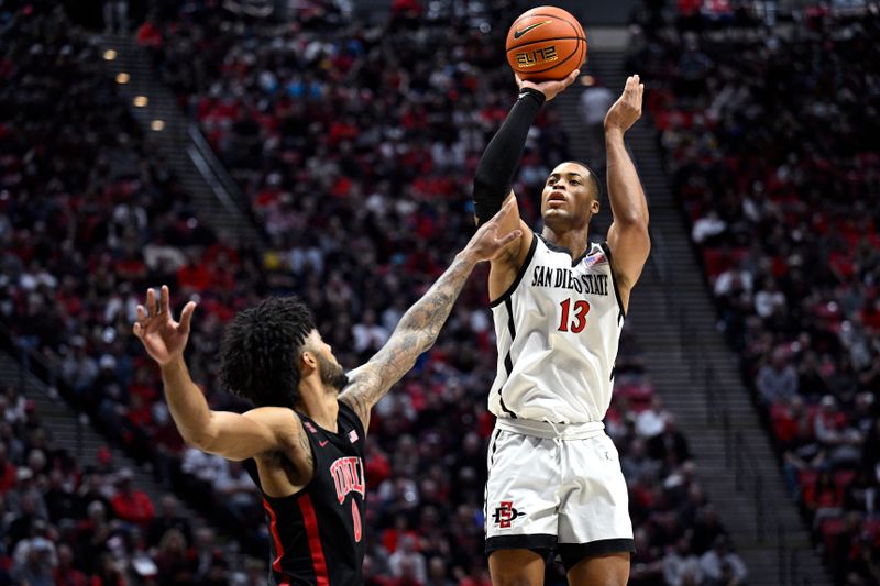 Jan 6, 2024; San Diego, California, USA; San Diego State Aztecs forward Jaedon LeDee (13) shoots the ball over UNLV Rebels forward Isaiah Cottrell (0) during the first half at Viejas Arena. Mandatory Credit: Orlando Ramirez-USA TODAY Sports