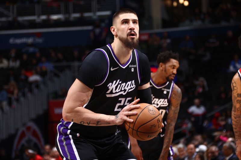 WASHINGTON, DC -? MARCH 21:  Alex Len #25 of the Sacramento Kings shoots a free throw during the game on March 21, 2024 at Capital One Arena in Washington, DC. NOTE TO USER: User expressly acknowledges and agrees that, by downloading and or using this Photograph, user is consenting to the terms and conditions of the Getty Images License Agreement. Mandatory Copyright Notice: Copyright 2024 NBAE (Photo by Kenny Giarla/NBAE via Getty Images)