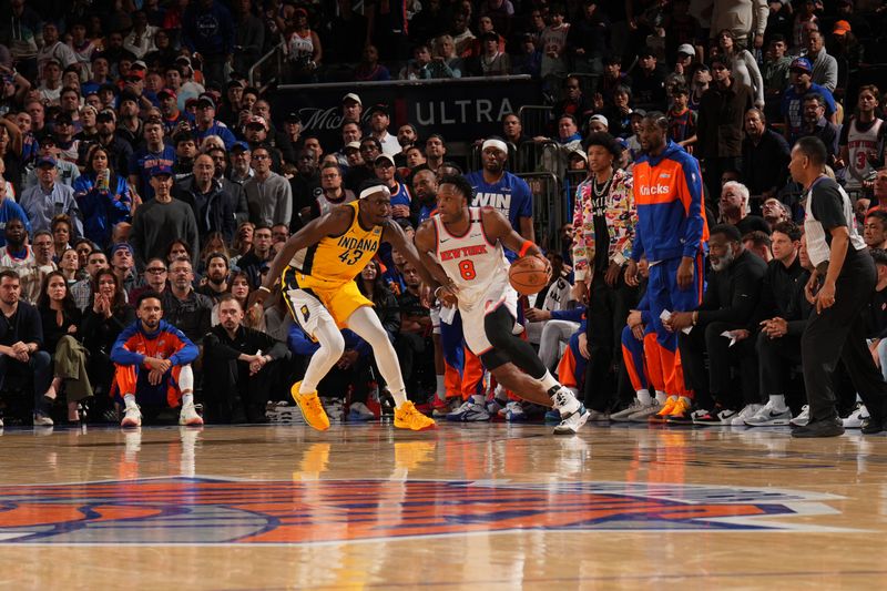 NEW YORK, NY - MAY 23: OG Anunoby #8 of the New York Knicks drives to the basket during the game against the Indiana Pacers during Game 2 of the 2025 Eastern Conference Finals on May 23, 2025 at Madison Square Garden in New York City, New York.  NOTE TO USER: User expressly acknowledges and agrees that, by downloading and or using this photograph, User is consenting to the terms and conditions of the Getty Images License Agreement. Mandatory Copyright Notice: Copyright 2025 NBAE  (Photo by Jesse D. Garrabrant/NBAE via Getty Images)