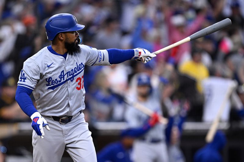 May 11, 2024; San Diego, California, USA; Los Angeles Dodgers left fielder Teoscar Hernandez (37) hits a grand slam home run during the sixth inning against the San Diego Padres at Petco Park. Mandatory Credit: Orlando Ramirez-USA TODAY Sports