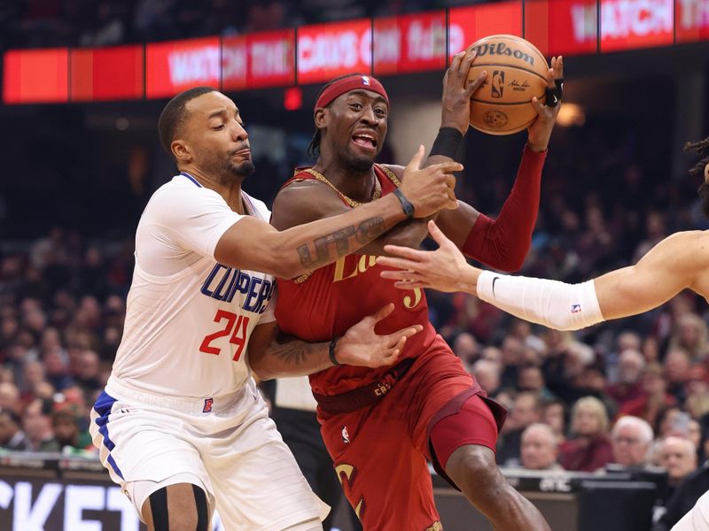 CLEVELAND, OH - JANUARY 29:  Caris LeVert #3 of the Cleveland Cavaliers goes to the basket during the game on January 29, 2024 at Rocket Mortgage FieldHouse in Cleveland, Ohio. NOTE TO USER: User expressly acknowledges and agrees that, by downloading and/or using this Photograph, user is consenting to the terms and conditions of the Getty Images License Agreement. Mandatory Copyright Notice: Copyright 2024 NBAE (Photo by  Lauren Leigh Bacho/NBAE via Getty Images)