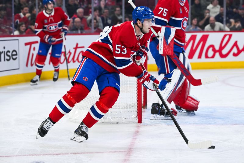 Oct 16, 2025; Montreal, Quebec, CAN; Montreal Canadiens defenseman Noah Dobson (53) plays the puck against the Nashville Predators during the first period at Bell Centre. Mandatory Credit: David Kirouac-Imagn Images Oct 16, 2025; Montreal, Quebec, CAN; Montreal Canadiens defenseman Noah Dobson (53) plays the puck against the Nashville Predators during the first period at Bell Centre. Mandatory Credit: David Kirouac-Imagn Images