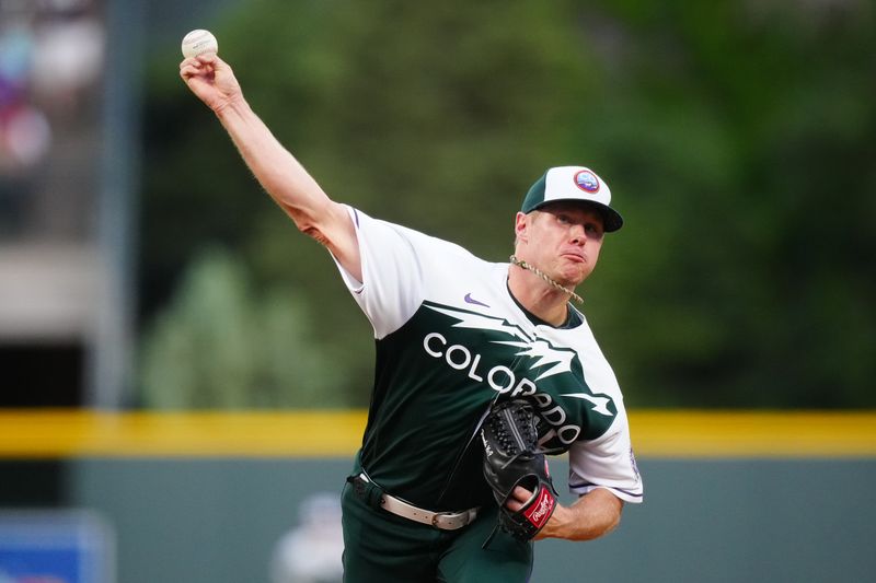 May 27, 2023; Denver, Colorado, USA; Colorado Rockies starting pitcher Chase Anderson (45) delivers against the New York Mets in the first inning at Coors Field. Mandatory Credit: Ron Chenoy-USA TODAY Sports