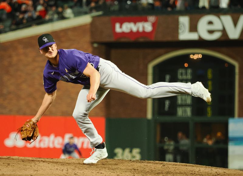 Sep 8, 2023; San Francisco, California, USA; Colorado Rockies relief pitcher Evan Justice (56) pitches the ball against the San Francisco Giants during the eighth inning at Oracle Park. Mandatory Credit: Kelley L Cox-USA TODAY Sports