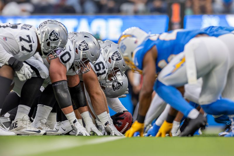 The Las Vegas Raiders line up against the Los Angeles Chargers in an NFL football game, Sunday, Oct. 1, 2023, in Inglewood, Calif. (AP Photo/Jeff Lewis)