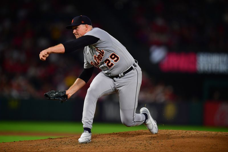 Sep 15, 2023; Anaheim, California, USA;Detroit Tigers starting pitcher Tarik Skubal (29) throws against the Los Angeles Angels during the fourth inning at Angel Stadium. Mandatory Credit: Gary A. Vasquez-USA TODAY Sports