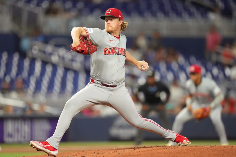 Aug 7, 2024; Miami, Florida, USA;  Cincinnati Reds starting pitcher Andrew Abbott (41) pitches against the Miami Marlins in the first inning at loanDepot Park. Mandatory Credit: Jim Rassol-USA TODAY Sports