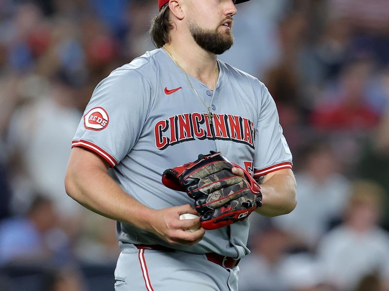 Jul 2, 2024; Bronx, New York, USA; Cincinnati Reds starting pitcher Graham Ashcraft (51) reacts during the sixth inning against the New York Yankees at Yankee Stadium. Mandatory Credit: Brad Penner-USA TODAY Sports