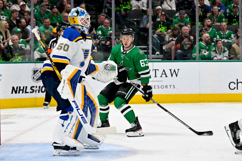 Apr 17, 2024; Dallas, Texas, USA; Dallas Stars right wing Evgenii Dadonov (63) looks for the puck in front of St. Louis Blues goaltender Jordan Binnington (50) during the second period at the American Airlines Center. Mandatory Credit: Jerome Miron-USA TODAY Sports