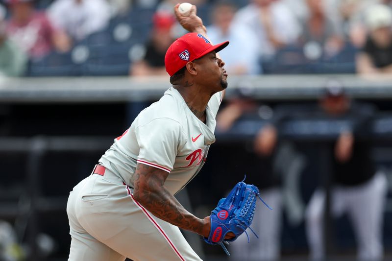 Mar 18, 2024; Tampa, Florida, USA;  Philadelphia Phillies relief pitcher Gregory Soto (30) throws a pitch against the New York Yankees in the fourth inning at George M. Steinbrenner Field. Mandatory Credit: Nathan Ray Seebeck-USA TODAY Sports