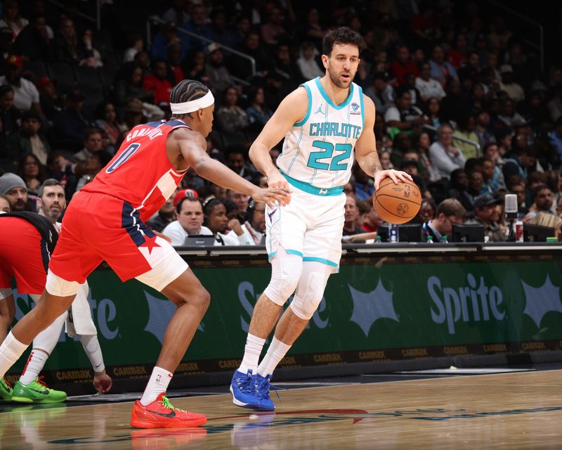 WASHINGTON, DC -? MARCH 8:  Vasilije Micic #22 of the Charlotte Hornets handles the ball during the game  on March 8, 2024 at Capital One Arena in Washington, DC. NOTE TO USER: User expressly acknowledges and agrees that, by downloading and or using this Photograph, user is consenting to the terms and conditions of the Getty Images License Agreement. Mandatory Copyright Notice: Copyright 2024 NBAE (Photo by Stephen Gosling/NBAE via Getty Images)