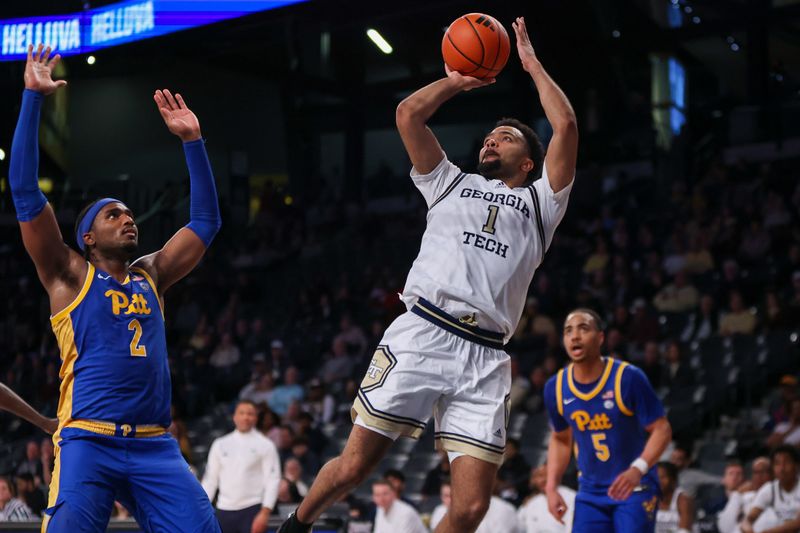 Jan 23, 2024; Atlanta, Georgia, USA; Georgia Tech Yellow Jackets guard Kyle Sturdivant (1) shoots against the Pittsburgh Panthers in the second half at McCamish Pavilion. Mandatory Credit: Brett Davis-USA TODAY Sports