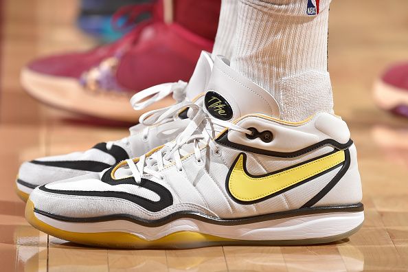 CLEVELAND, OH - DECEMBER 20: The sneakers worn by Lauri Markkanen #23 of the Utah Jazz during the game against the Cleveland Cavaliers on December 20, 2023 at Rocket Mortgage FieldHouse in Cleveland, Ohio. NOTE TO USER: User expressly acknowledges and agrees that, by downloading and/or using this Photograph, user is consenting to the terms and conditions of the Getty Images License Agreement. Mandatory Copyright Notice: Copyright 2023 NBAE (Photo by David Liam Kyle/NBAE via Getty Images)