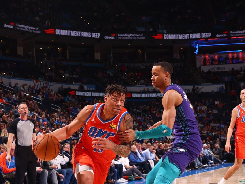 OKLAHOMA CITY, OK - FEBRUARY 2:  Keyontae Johnson #18 of the Oklahoma City Thunder goes to the basket during the game on February 2, 2024 at Paycom Arena in Oklahoma City, Oklahoma. NOTE TO USER: User expressly acknowledges and agrees that, by downloading and or using this photograph, User is consenting to the terms and conditions of the Getty Images License Agreement. Mandatory Copyright Notice: Copyright 2024 NBAE (Photo by Zach Beeker/NBAE via Getty Images)