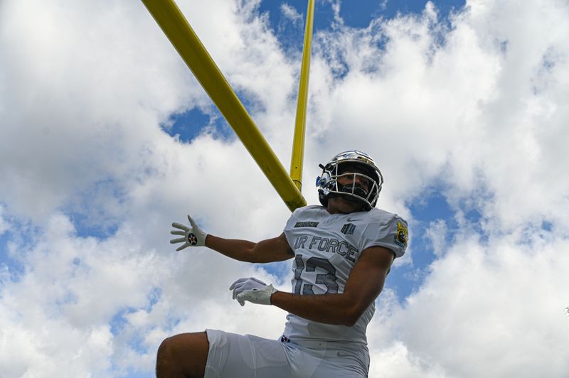 Oct 21, 2023; Annapolis, Maryland, USA; Air Force Falcons wide receiver Jared Roznos (13) leaps before the game against the Navy Midshipmen   at Navy-Marine Corps Memorial Stadium. Mandatory Credit: Tommy Gilligan-USA TODAY Sports