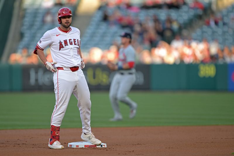 May 13, 2024; Anaheim, California, USA;  Los Angeles Angels first baseman Nolan Schanuel (18) gestures on second after a double double in the first inning against the St. Louis Cardinals at Angel Stadium. Mandatory Credit: Jayne Kamin-Oncea-USA TODAY Sports