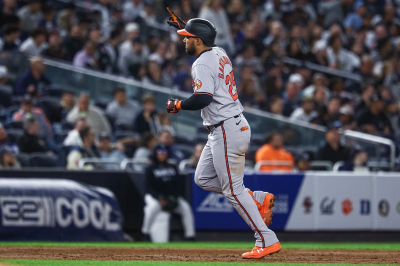 Sep 24, 2024; Bronx, New York, USA; Baltimore Orioles right fielder Anthony Santander (25) runs the bases after hitting a solo home run during the sixth inning against the New York Yankees at Yankee Stadium. Mandatory Credit: Vincent Carchietta-Imagn Images