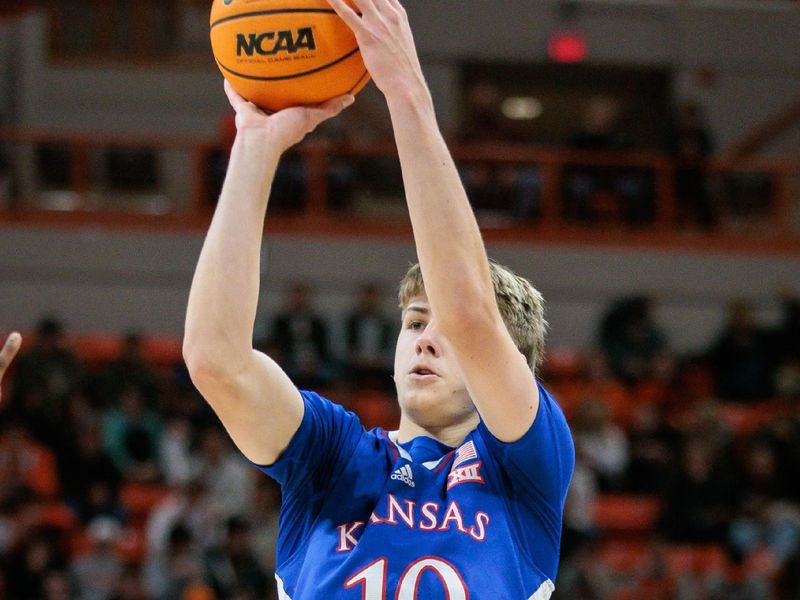 Jan 16, 2024; Stillwater, Oklahoma, USA; Kansas Jayhawks guard Johnny Furphy (10) puts up a shot during the second half against the Oklahoma State Cowboys at Gallagher-Iba Arena. Mandatory Credit: William Purnell-USA TODAY Sports