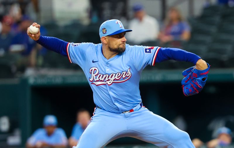 Jun 9, 2024; Arlington, Texas, USA; Texas Rangers pitcher Nathan Eovaldi (17) throws during the first inning against the San Francisco Giants at Globe Life Field. Mandatory Credit: Kevin Jairaj-USA TODAY Sports