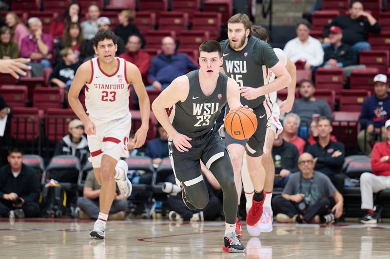 Jan 18, 2024; Stanford, California, USA; Washington State Cougars forward Andrej Jakimovski (23) dribbles the ball against the Stanford Cardinal during the first half at Maples Pavilion. Mandatory Credit: Robert Edwards-USA TODAY Sports